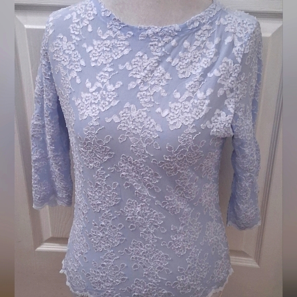 E.R.G. Collection Light Blue Shirt With White Floral Lace Overlay     Size L - Picture 1 of 14